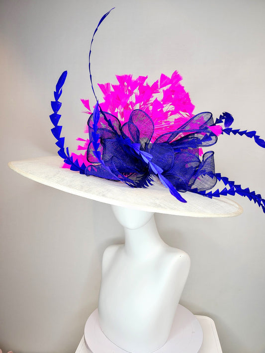 kentucky derby hat wide brim white sinamay with royal blue sinamay bow and hot pink fuchsia feathers