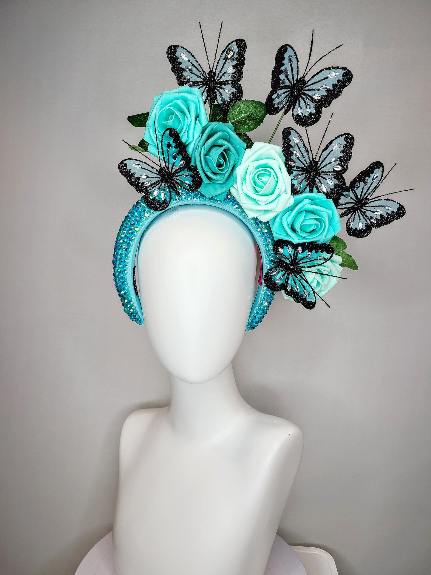 kentucky derby hat fascinator swarovski crystal rhinestone blue headband turquoise aqua roses and black teal blue  butterflies