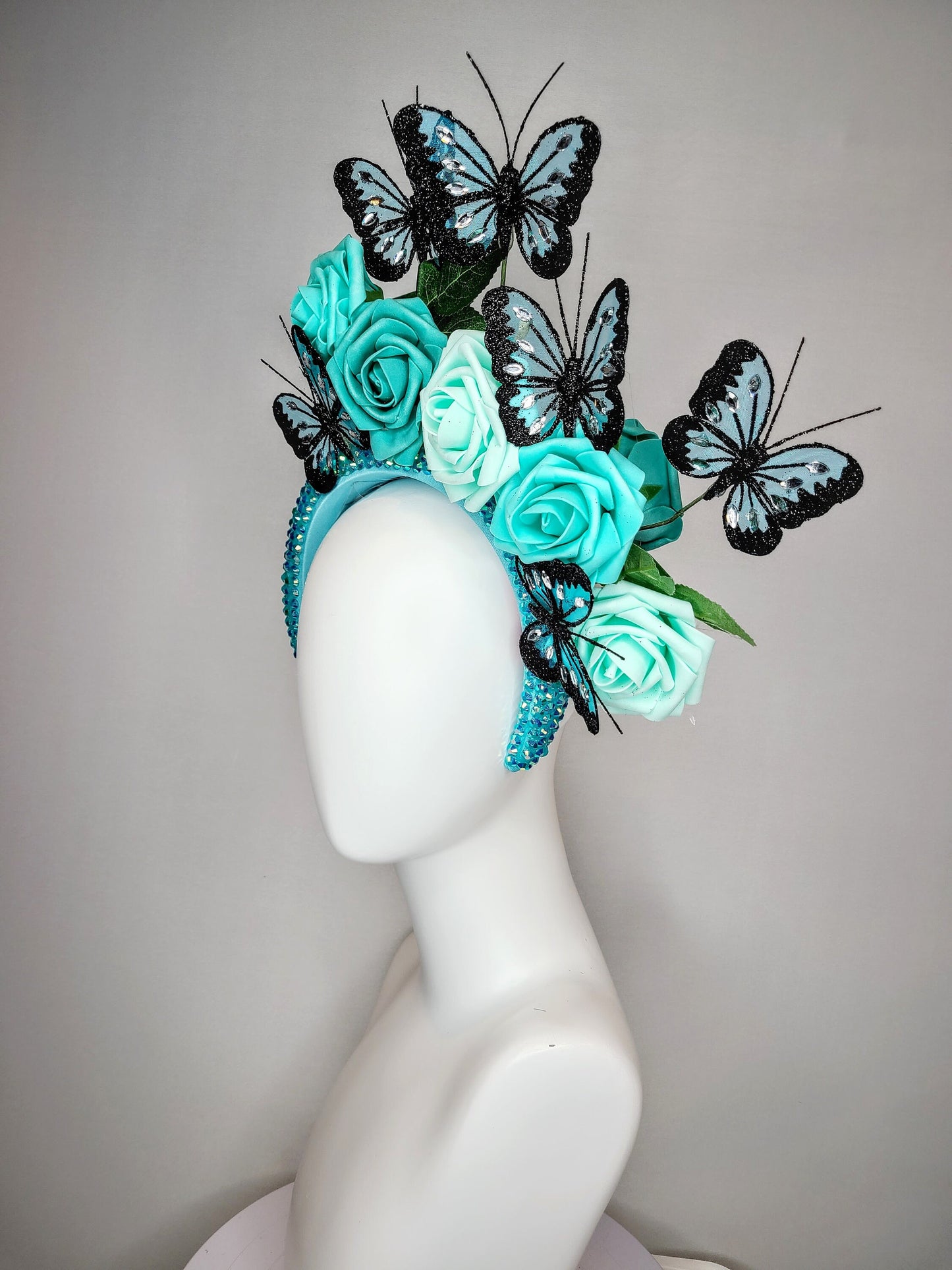 kentucky derby hat fascinator swarovski crystal rhinestone blue headband turquoise aqua roses and black teal blue  butterflies