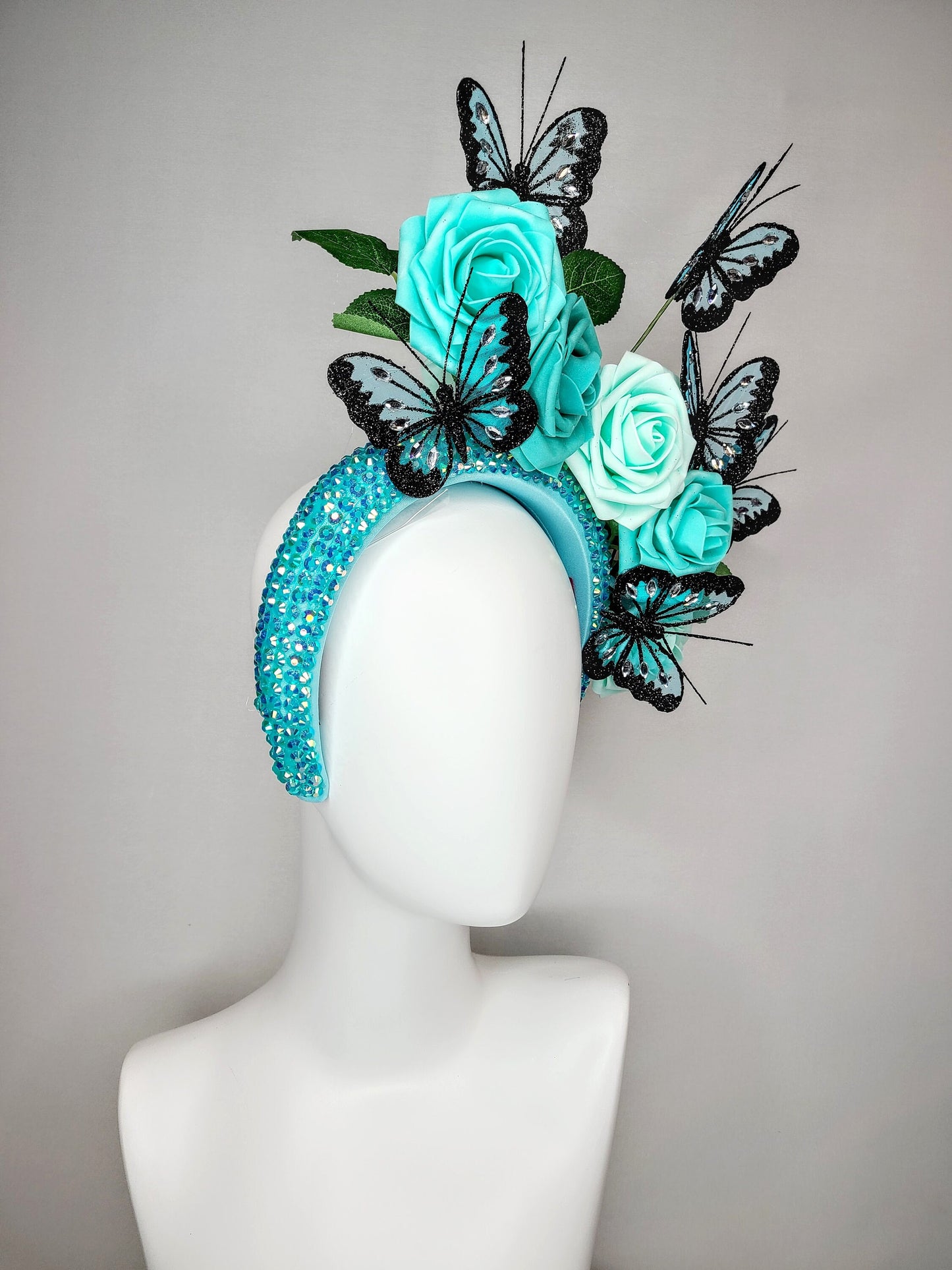 kentucky derby hat fascinator swarovski crystal rhinestone blue headband turquoise aqua roses and black teal blue  butterflies