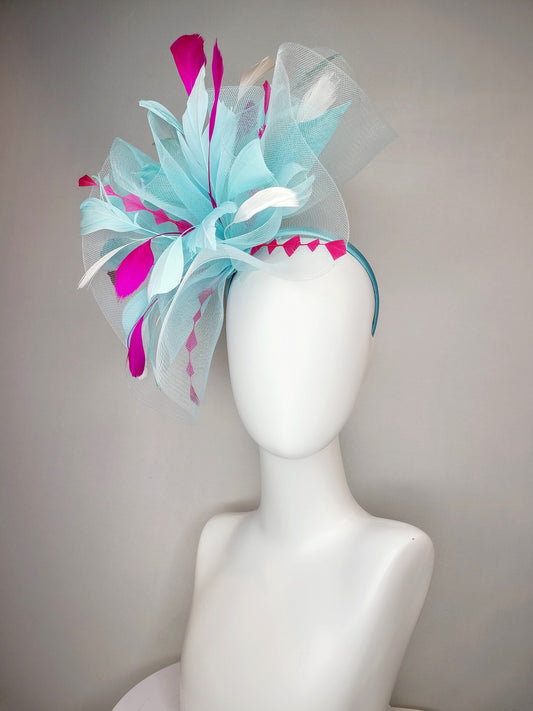 kentucky derby hat fascinator aqua blue large pouf with with feathers with pink fuchsia and white  feathers