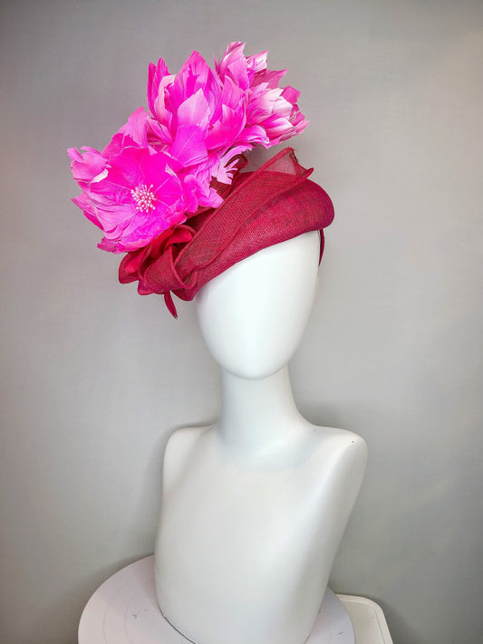 kentucky derby hat fascinator large dark pink sinamay teardrop base with large hot pink feather flowers