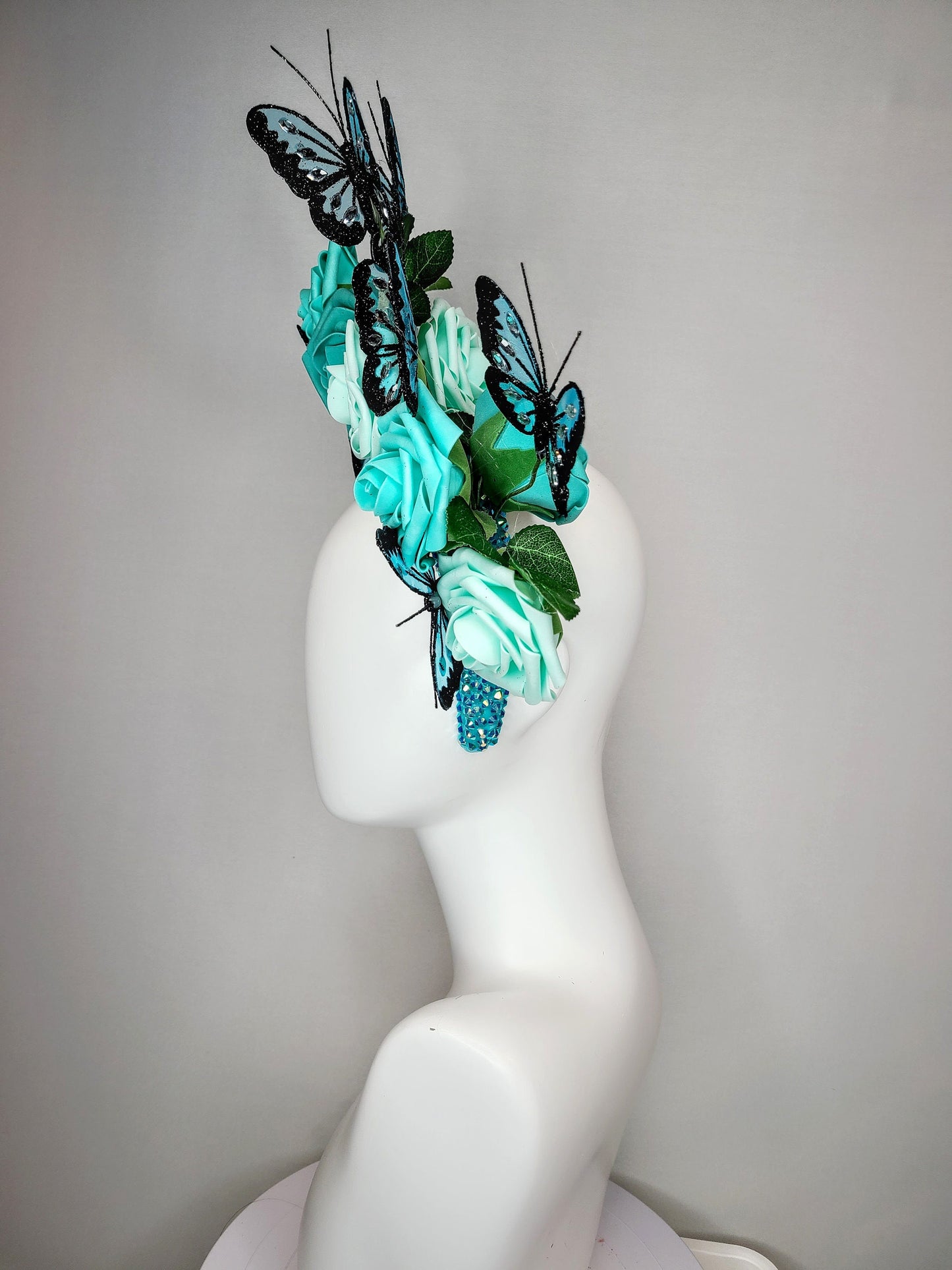 kentucky derby hat fascinator swarovski crystal rhinestone blue headband turquoise aqua roses and black teal blue  butterflies