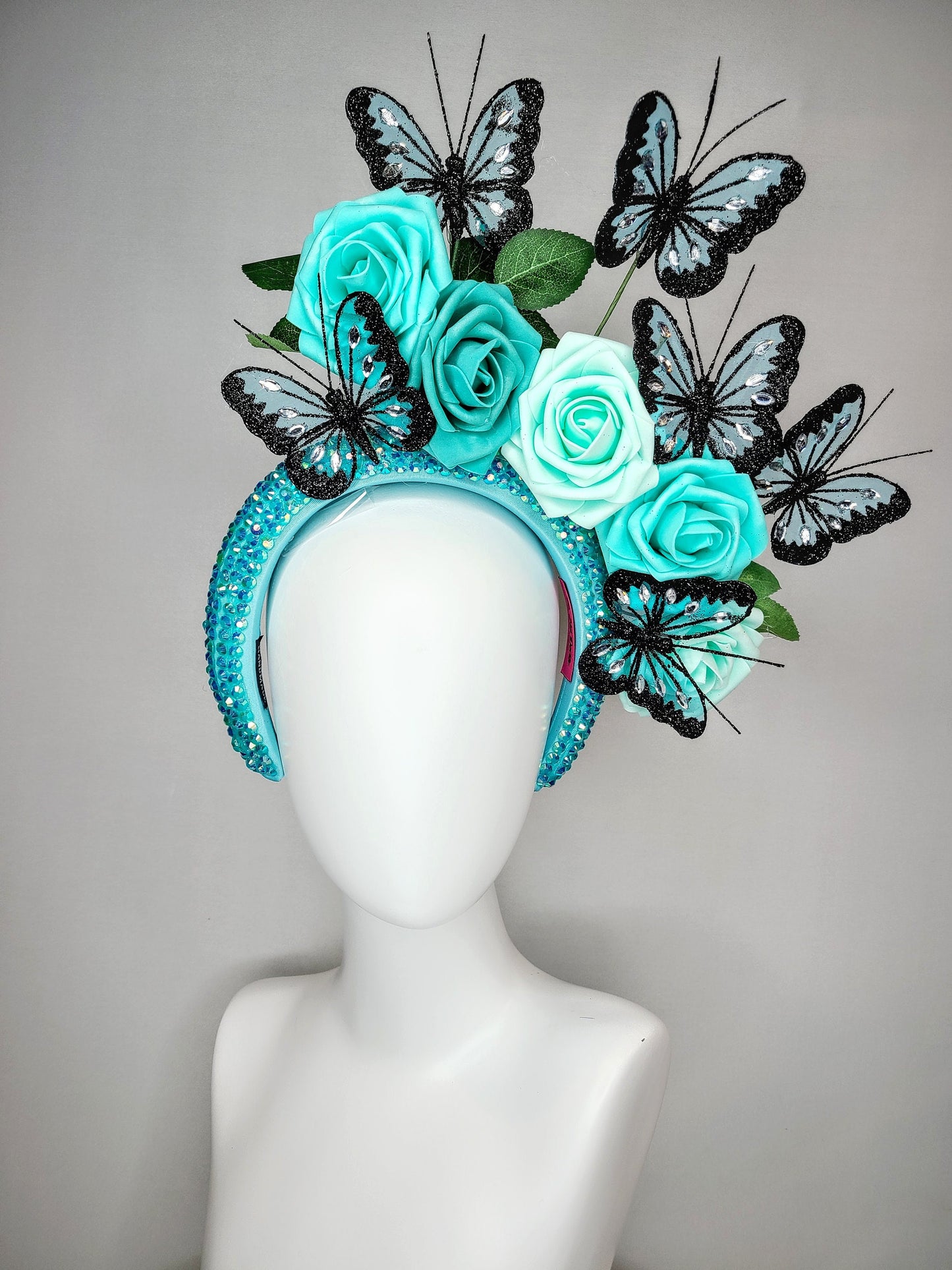 kentucky derby hat fascinator swarovski crystal rhinestone blue headband turquoise aqua roses and black teal blue  butterflies