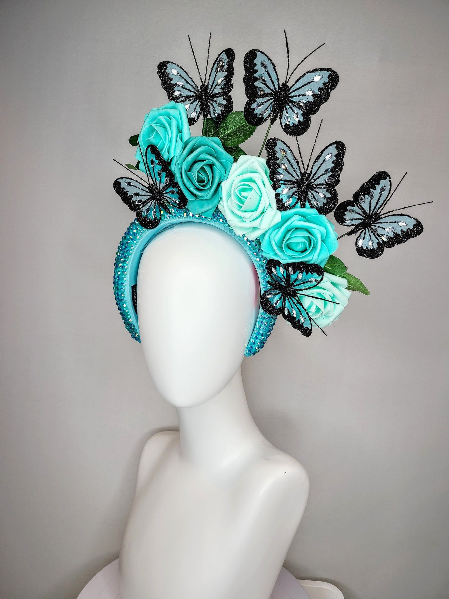 kentucky derby hat fascinator swarovski crystal rhinestone blue headband turquoise aqua roses and black teal blue  butterflies