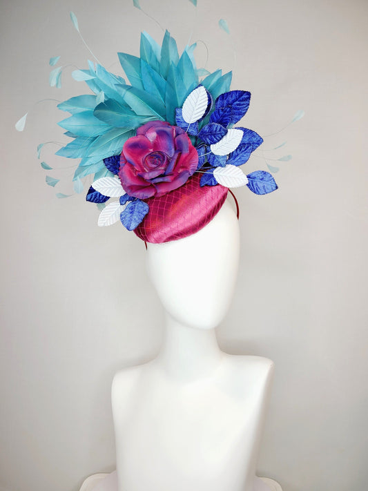 kentucky derby hat fascinator fuchsia magenta satin with painted magenta blue rose with teal blue feathers light blue royal blue leaves