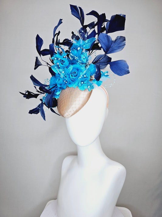 kentucky derby hat fascinator champagne nude satin with turquoise blue satin pearl flowers with large navy  blue feathers