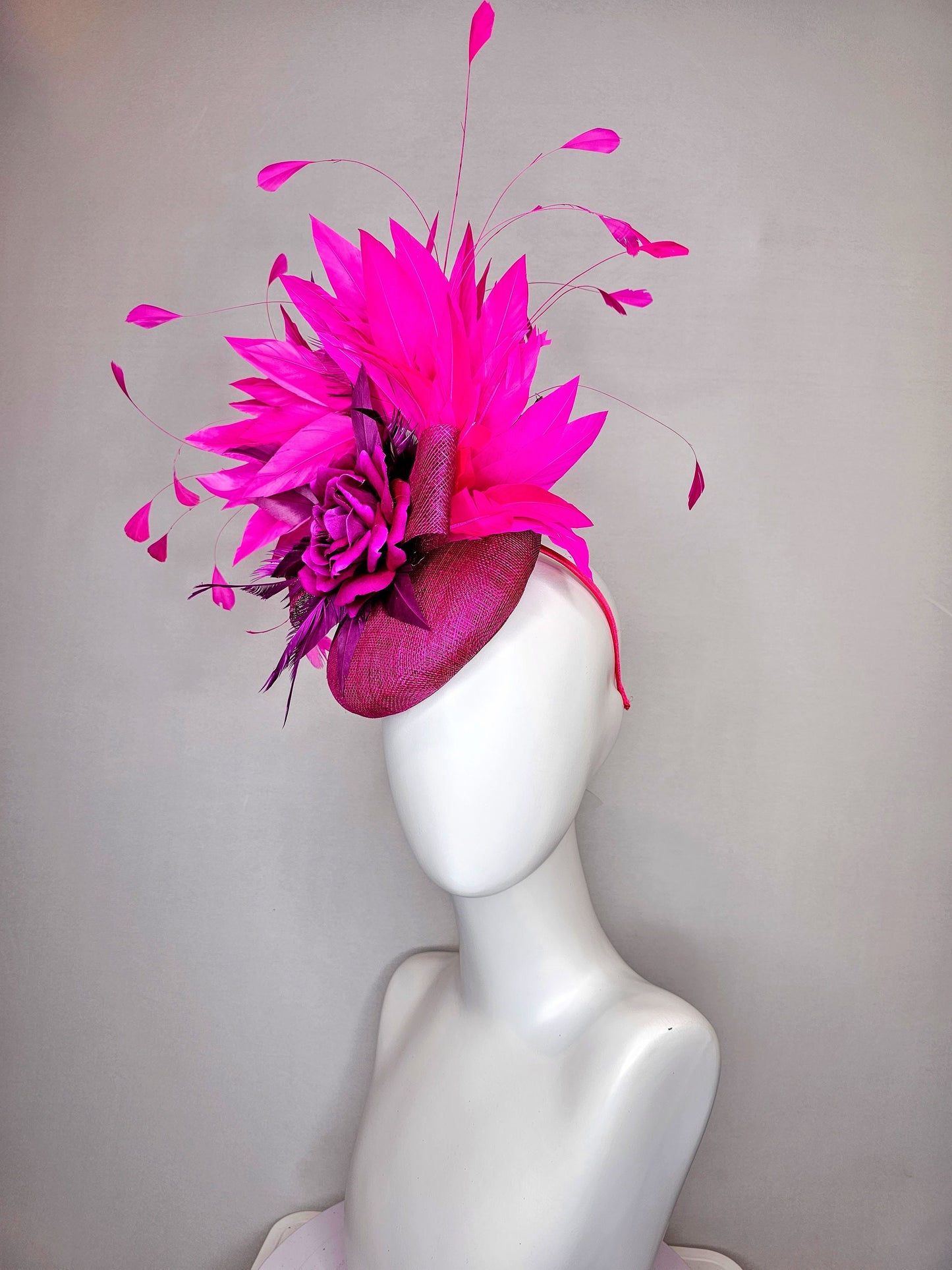 kentucky derby hat fascinator purple magenta sinamay with purple rose and bright pink fuchsia feathers