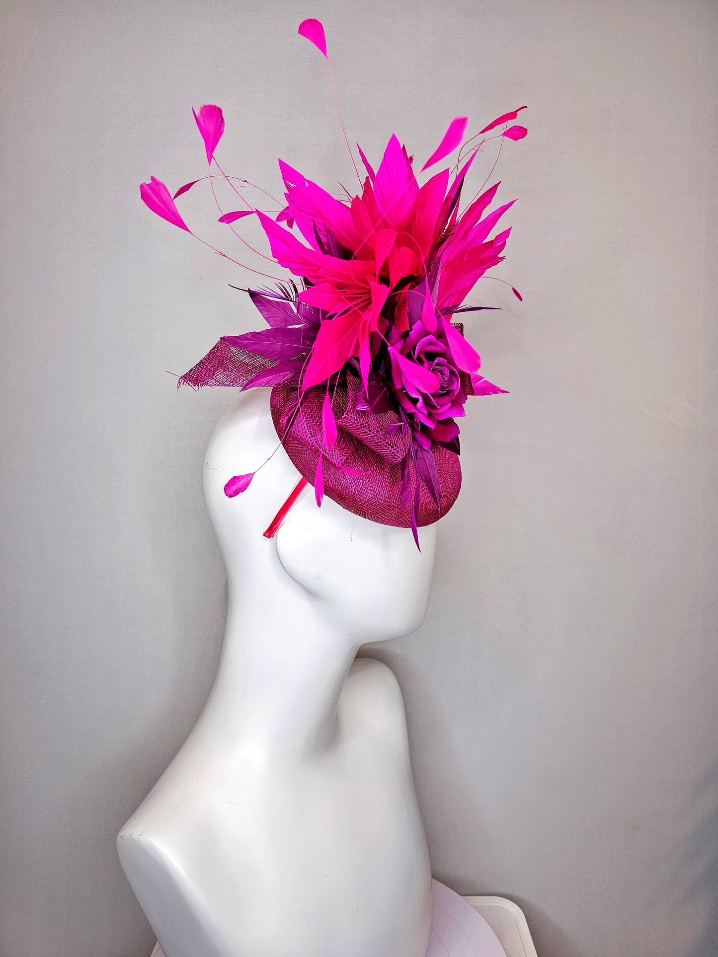 kentucky derby hat fascinator purple magenta sinamay with purple rose and bright pink fuchsia feathers