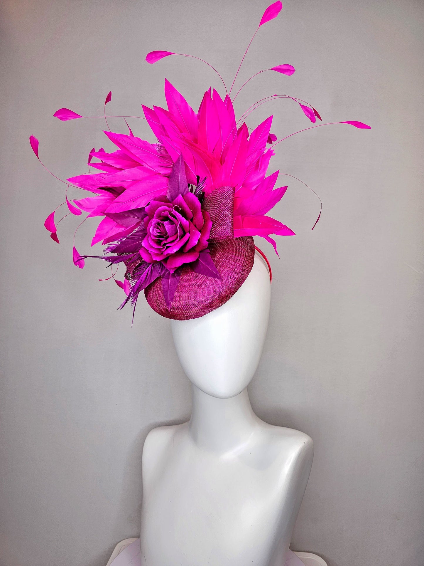 kentucky derby hat fascinator purple magenta sinamay with purple rose and bright pink fuchsia feathers