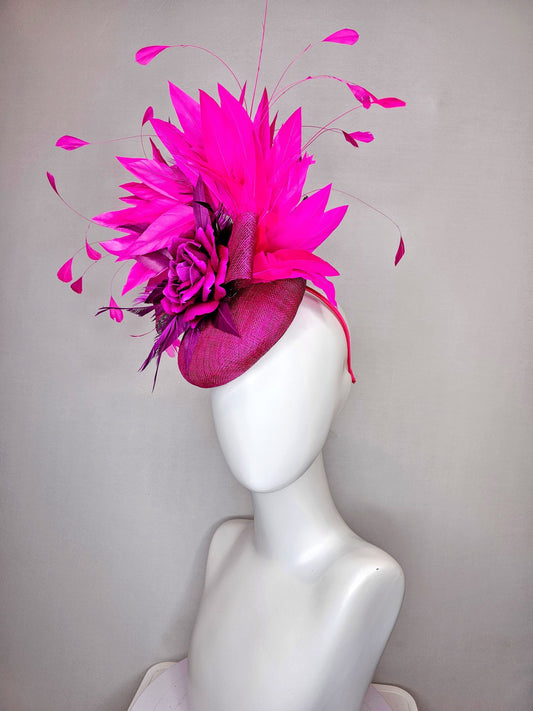 kentucky derby hat fascinator purple magenta sinamay with purple rose and bright pink fuchsia feathers