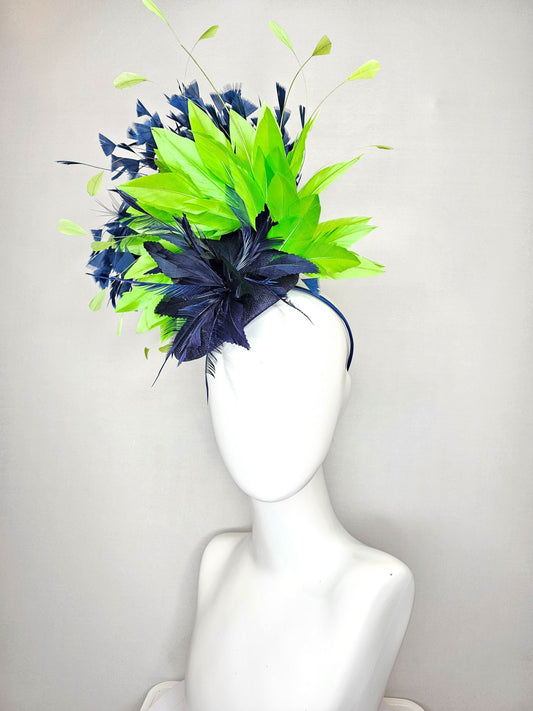 kentucky derby hat fascinator navy blue sinamay with feather flower and feathers and large bright green feathers