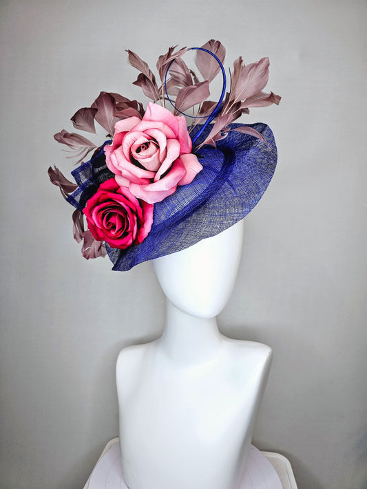 kentucky derby hat fascinator royal blue sinamay with light pink blush and bright dark pink roses with taupe feather decor