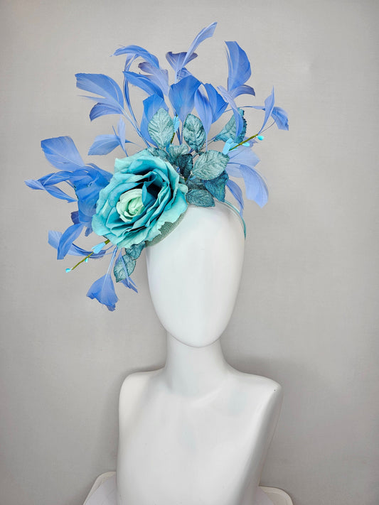 kentucky derby hat fascinator blue teal ombre rose with branching blue feathers and blue velvet leaves