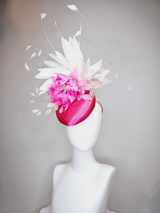 kentucky derby hat fascinator bright pink fuchsia magenta satin with large pink feather flower with white feathers and leaves