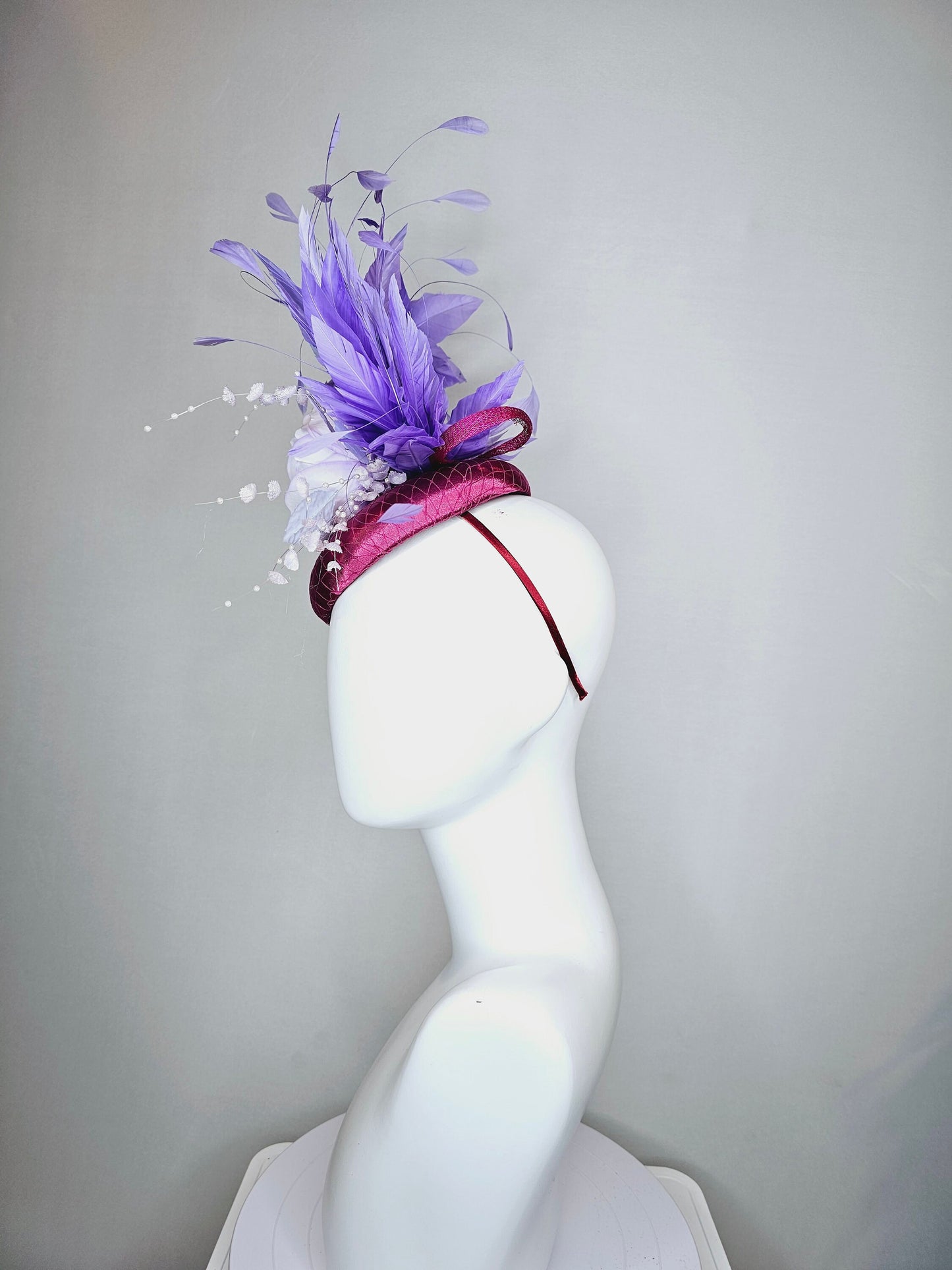 kentucky derby hat fascinator purple magenta satin with lavender flower with purple feathers beaded flower decor