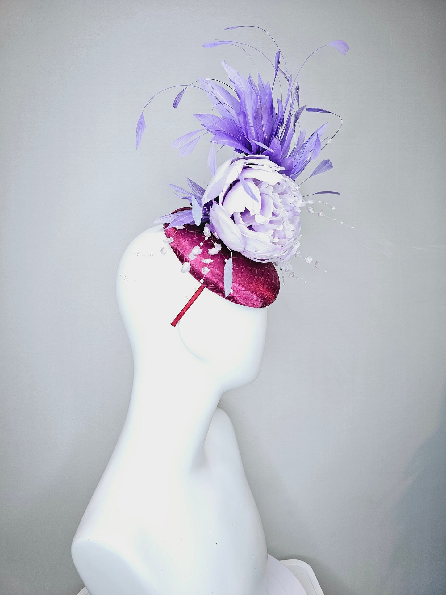 kentucky derby hat fascinator purple magenta satin with lavender flower with purple feathers beaded flower decor