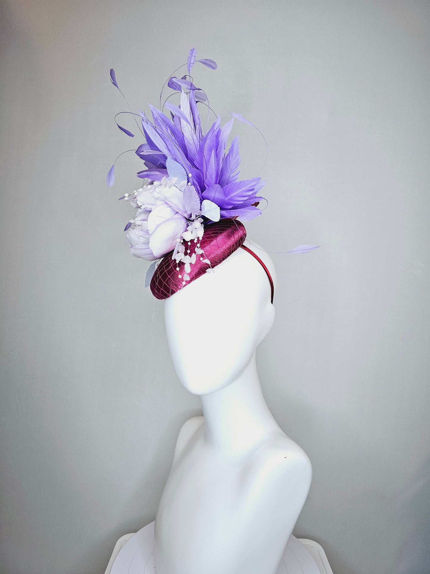 kentucky derby hat fascinator purple magenta satin with lavender flower with purple feathers beaded flower decor