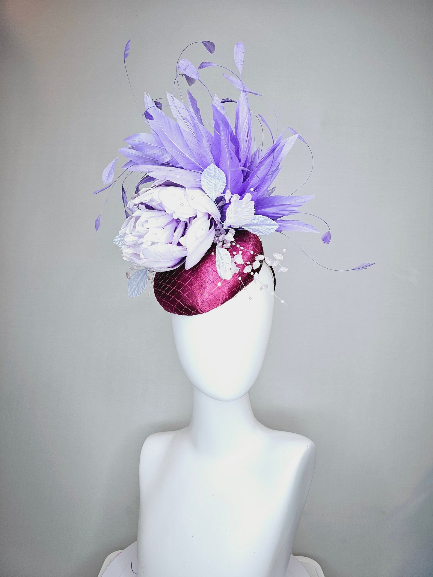 kentucky derby hat fascinator purple magenta satin with lavender flower with purple feathers beaded flower decor