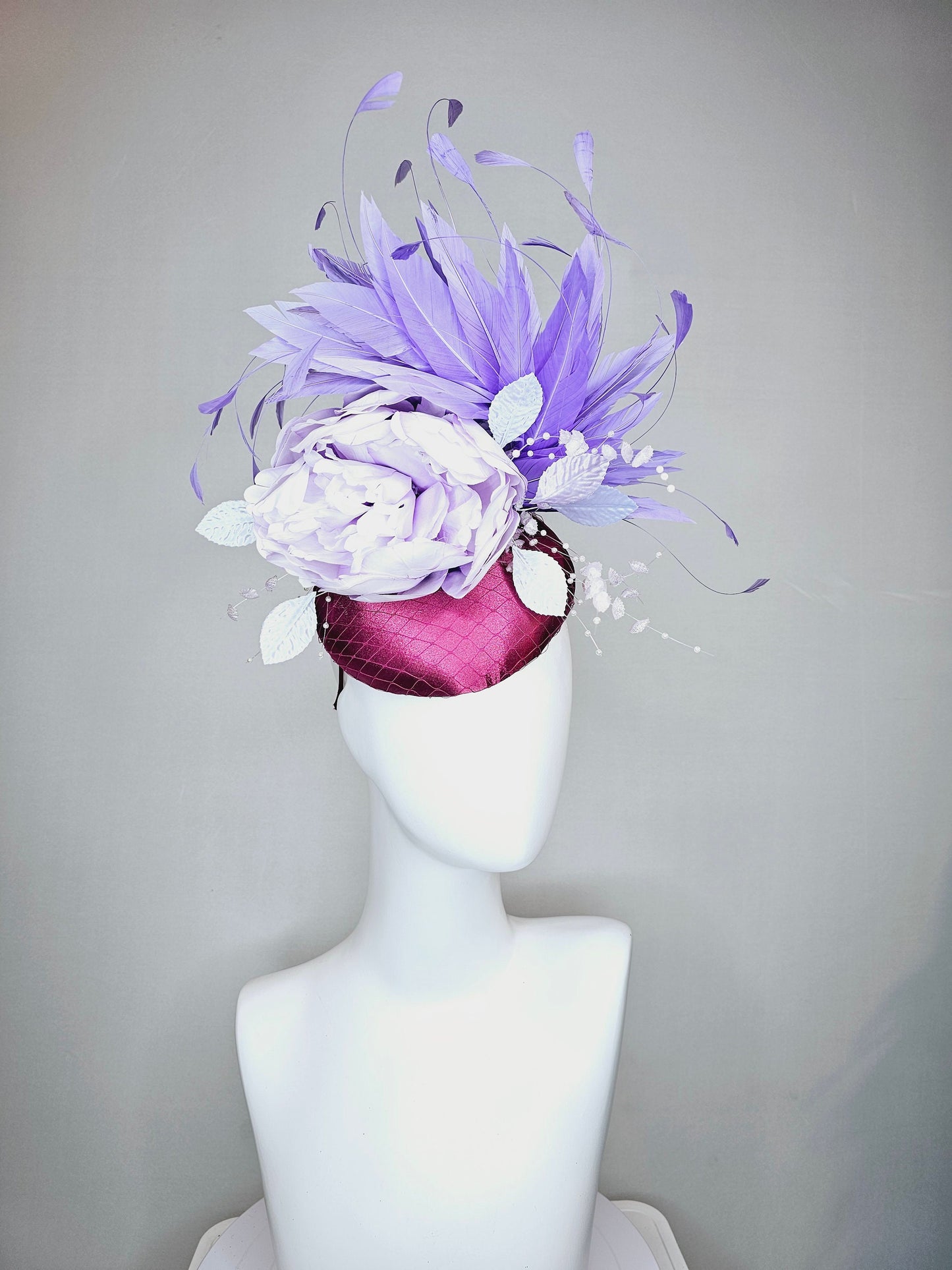 kentucky derby hat fascinator purple magenta satin with lavender flower with purple feathers beaded flower decor