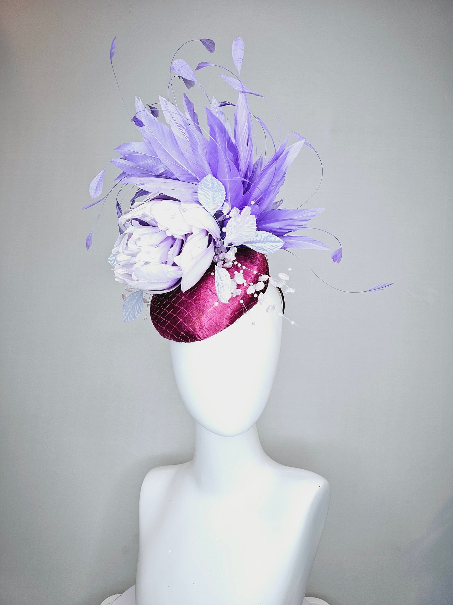 kentucky derby hat fascinator purple magenta satin with lavender flower with purple feathers beaded flower decor