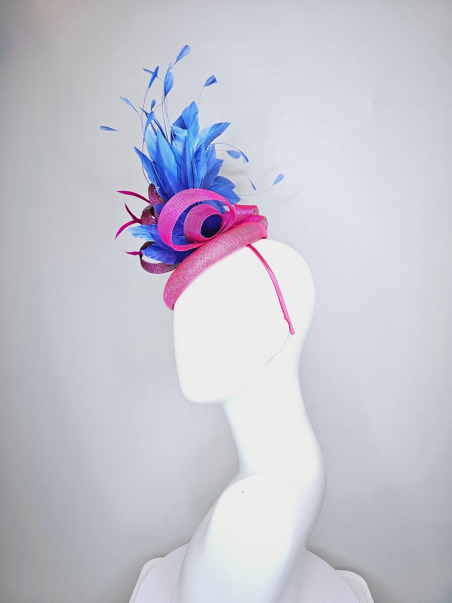 kentucky derby hat fascinator hot pink fuchsia sinamay with periwinkle blue feathers purple sinamay bow flower