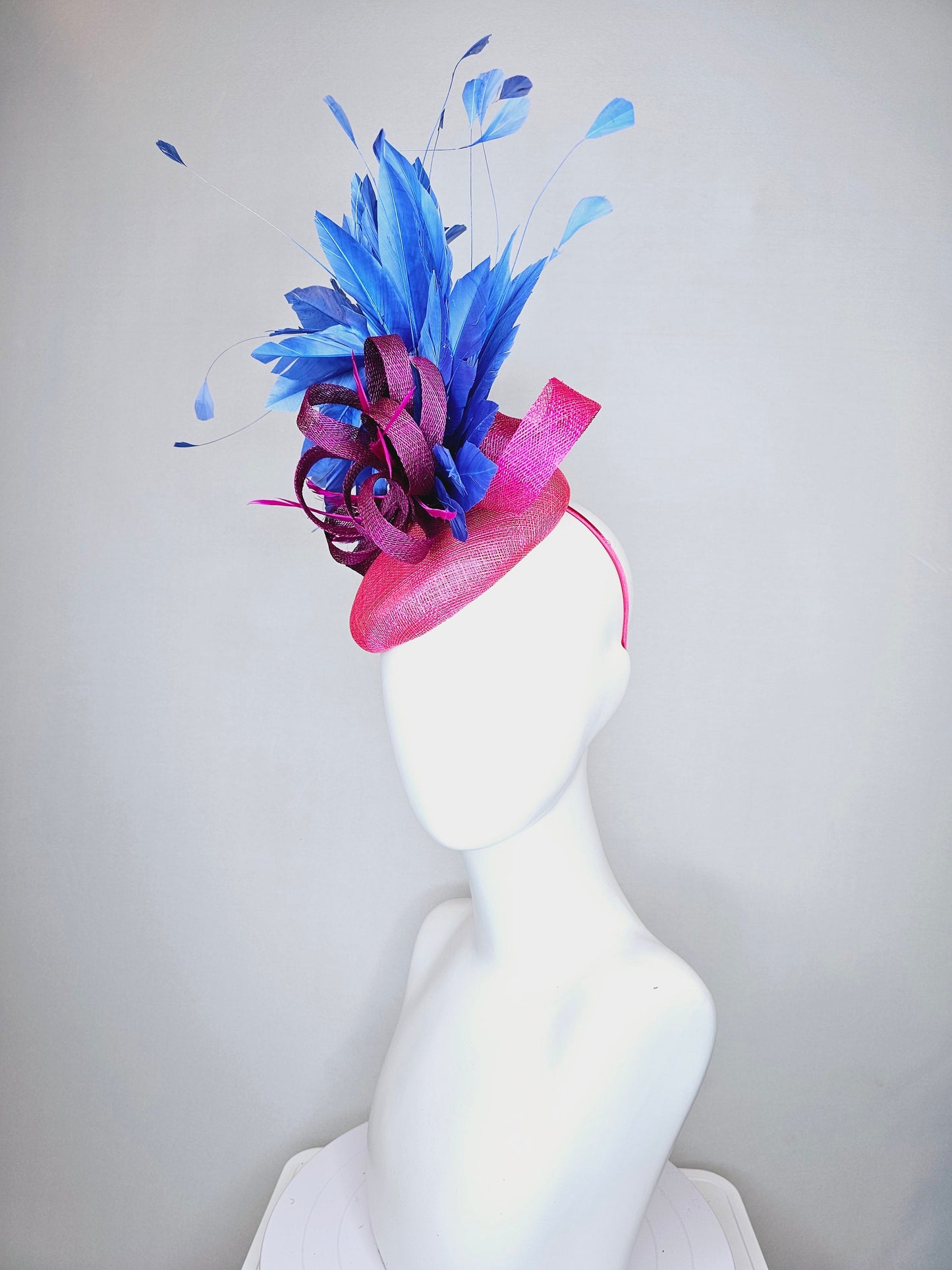 kentucky derby hat fascinator hot pink fuchsia sinamay with periwinkle blue feathers purple sinamay bow flower