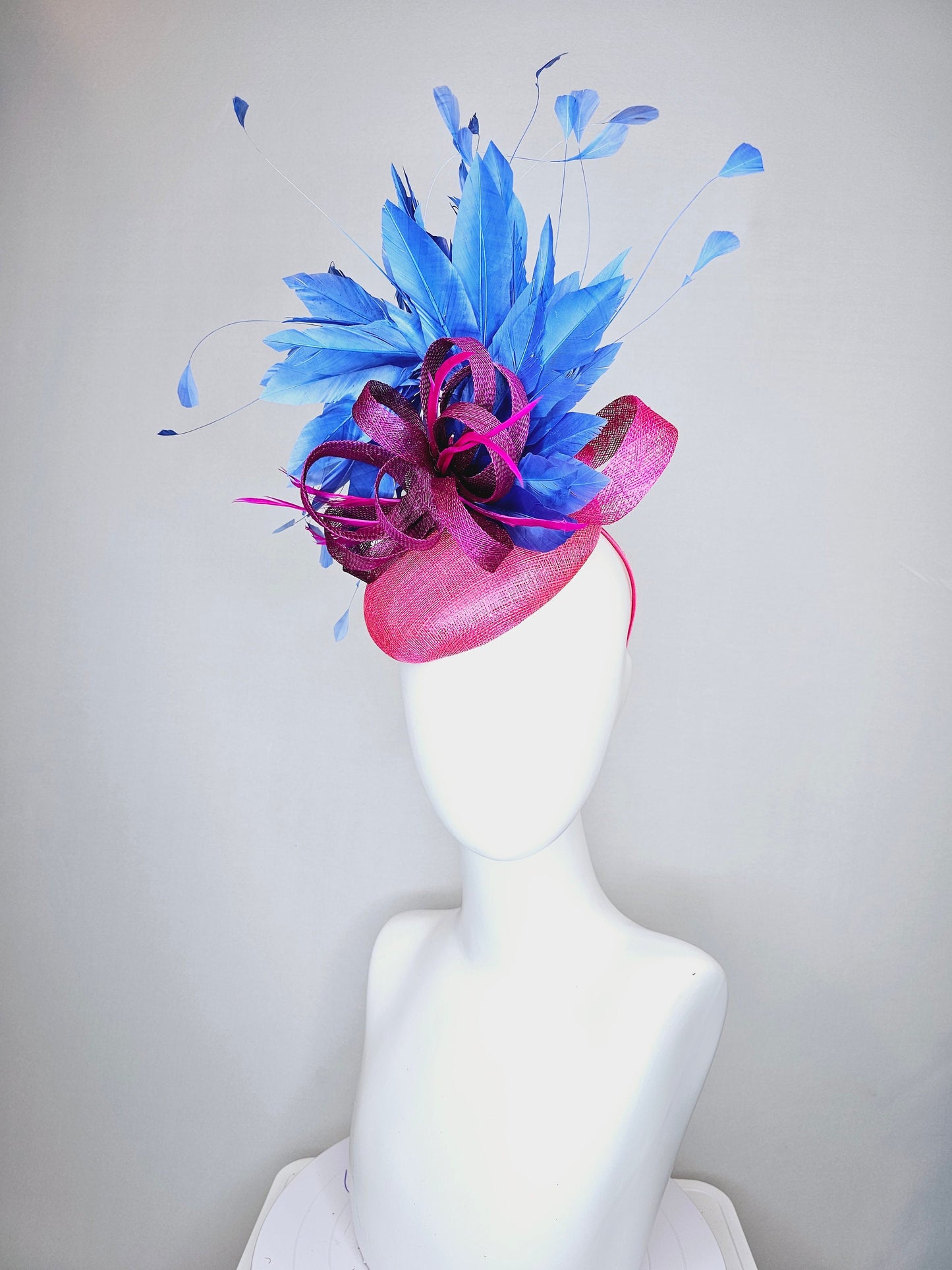 kentucky derby hat fascinator hot pink fuchsia sinamay with periwinkle blue feathers purple sinamay bow flower