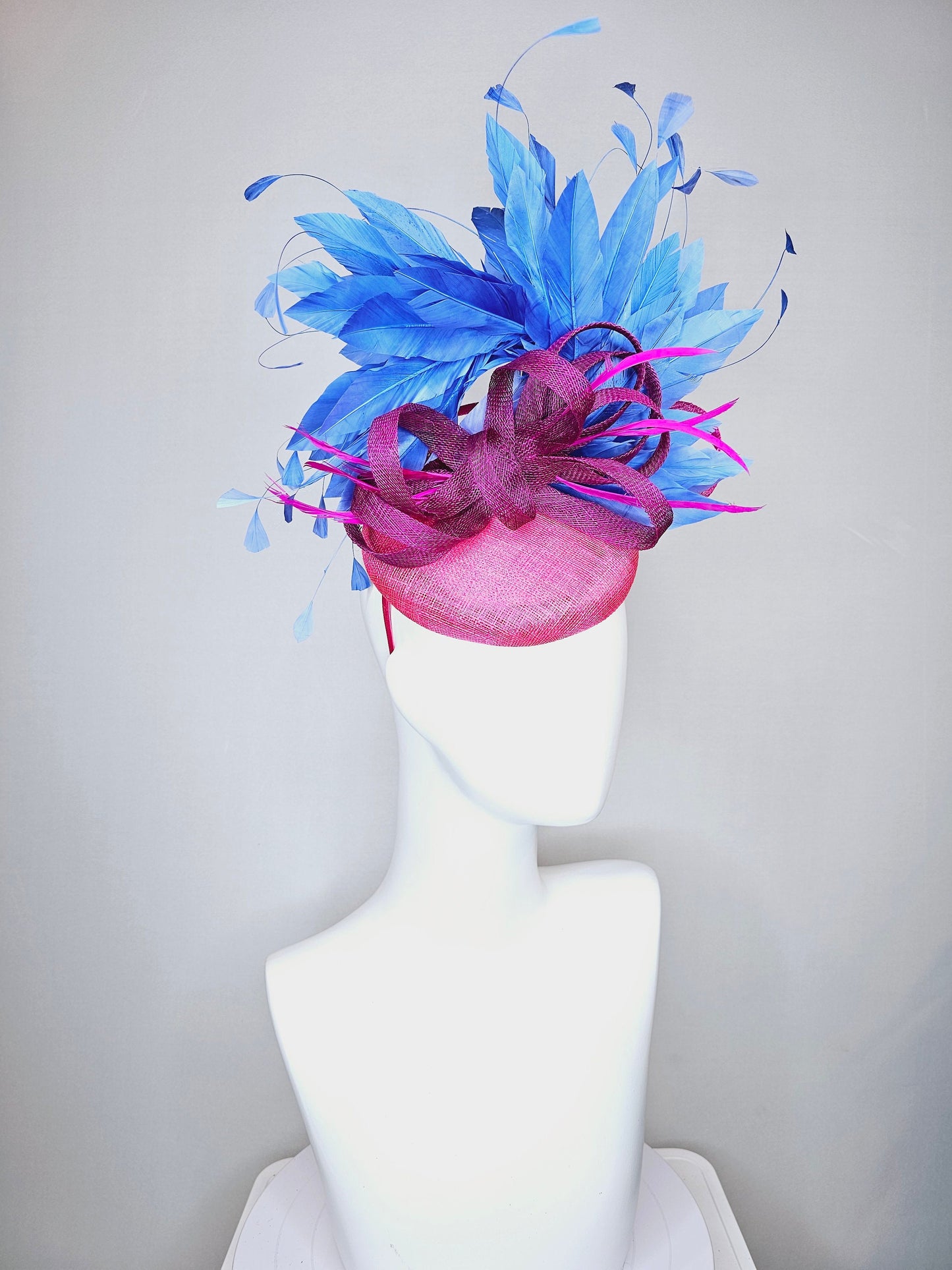 kentucky derby hat fascinator hot pink fuchsia sinamay with periwinkle blue feathers purple sinamay bow flower