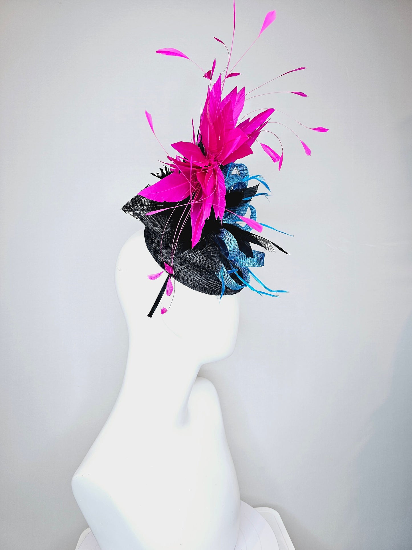 kentucky derby hat fascinator black sinamay with black and hot pink fuchsia branching feathers, blue sinamay bow flower