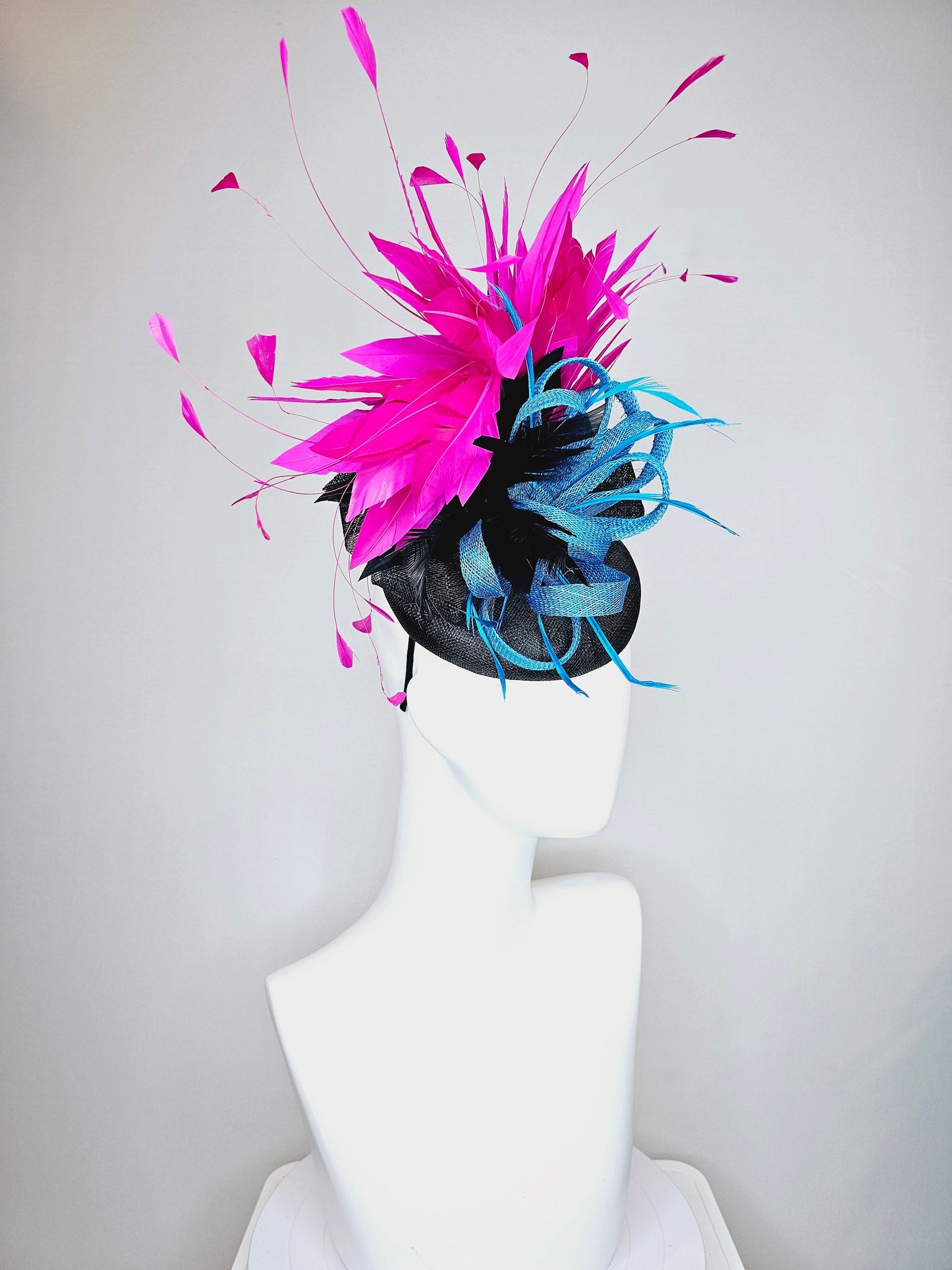 kentucky derby hat fascinator black sinamay with black and hot pink fuchsia branching feathers, blue sinamay bow flower