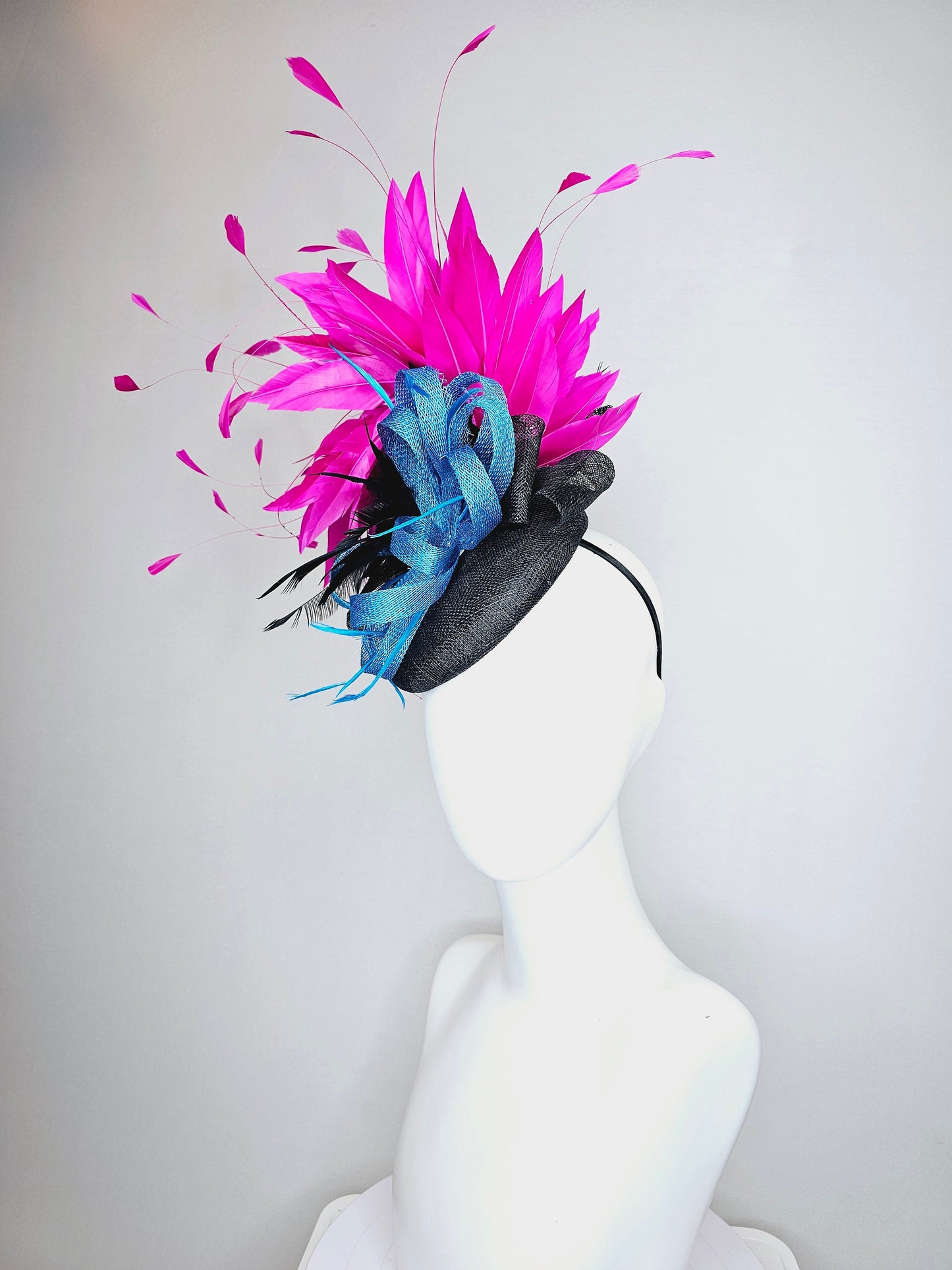 kentucky derby hat fascinator black sinamay with black and hot pink fuchsia branching feathers, blue sinamay bow flower