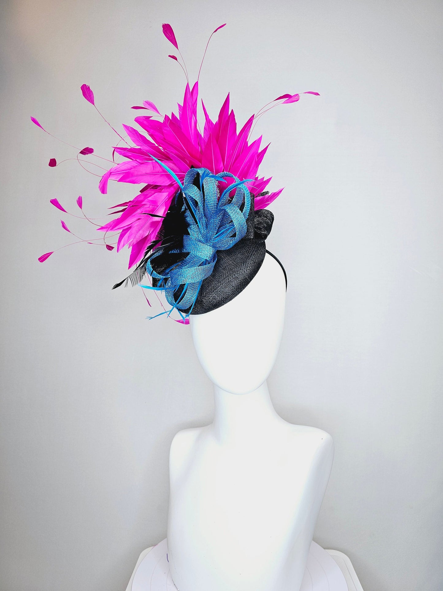 kentucky derby hat fascinator black sinamay with black and hot pink fuchsia branching feathers, blue sinamay bow flower