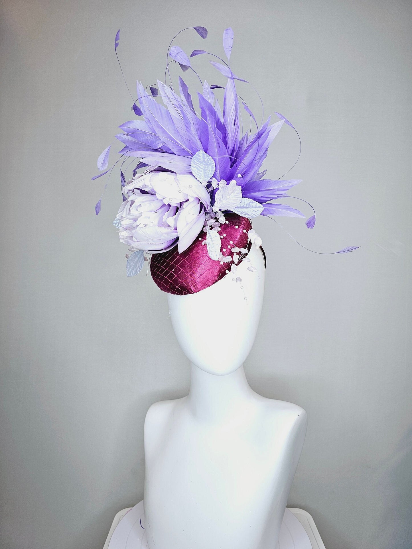 kentucky derby hat fascinator purple magenta satin with lavender flower with purple feathers beaded flower decor