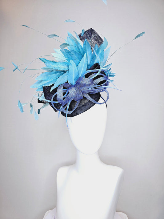 kentucky derby hat fascinator navy blue sinamay base with blue sinamay bow navy blue sinamay curls and sky peacock blue branching feathers