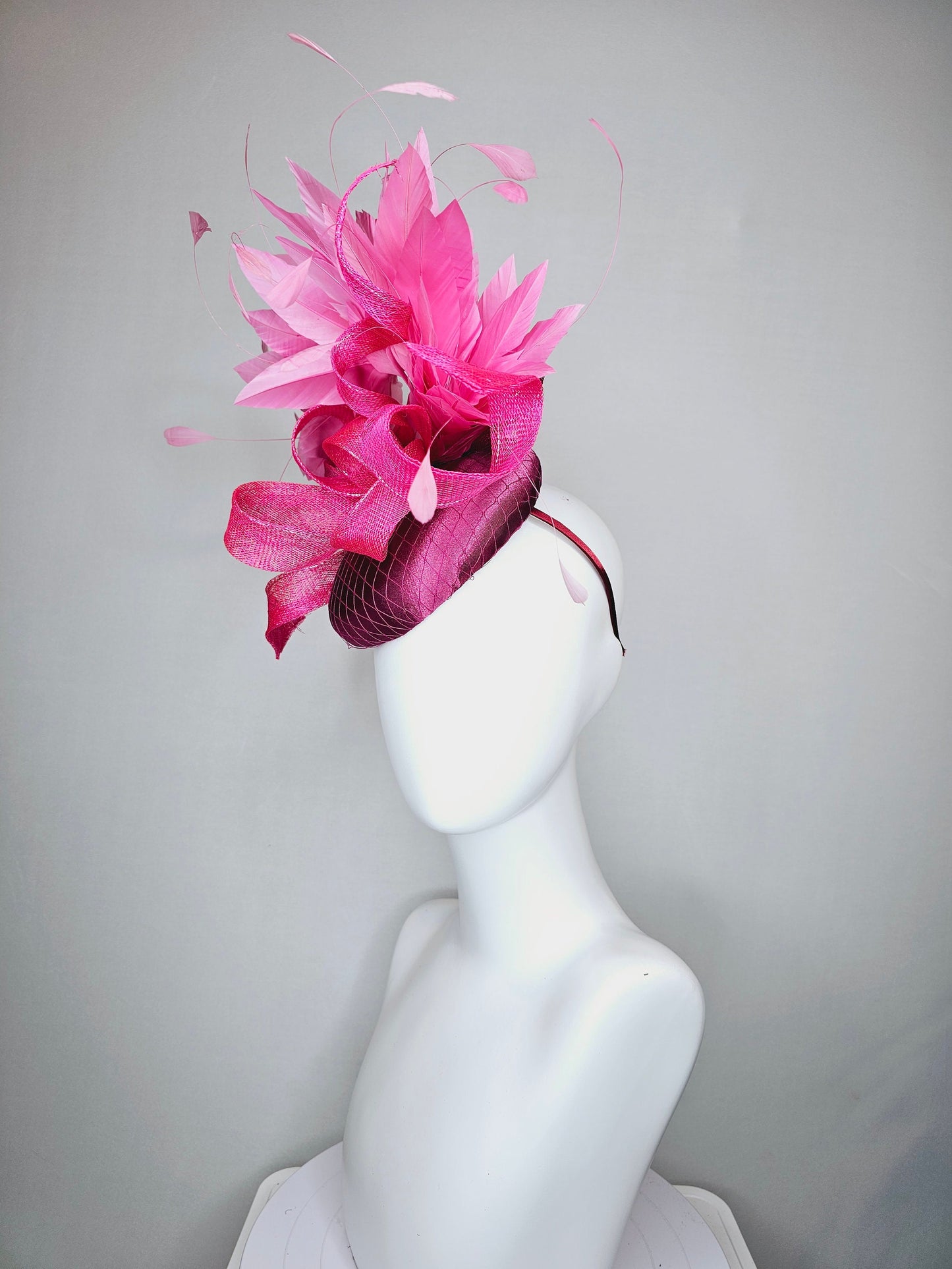 kentucky derby hat fascinator purple magenta satin with large hot pink sinamay curls with pink feathers