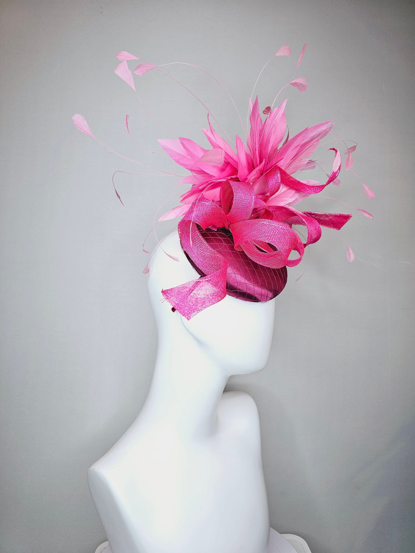 kentucky derby hat fascinator purple magenta satin with large hot pink sinamay curls with pink feathers