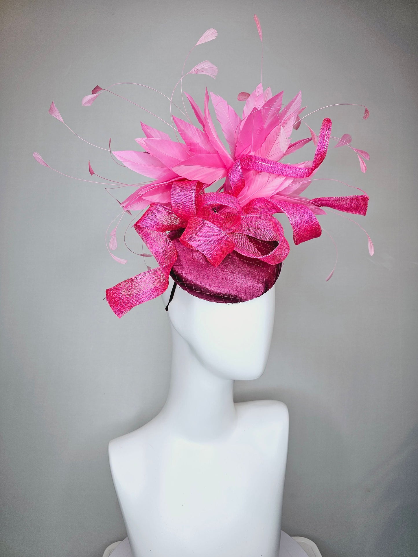 kentucky derby hat fascinator purple magenta satin with large hot pink sinamay curls with pink feathers