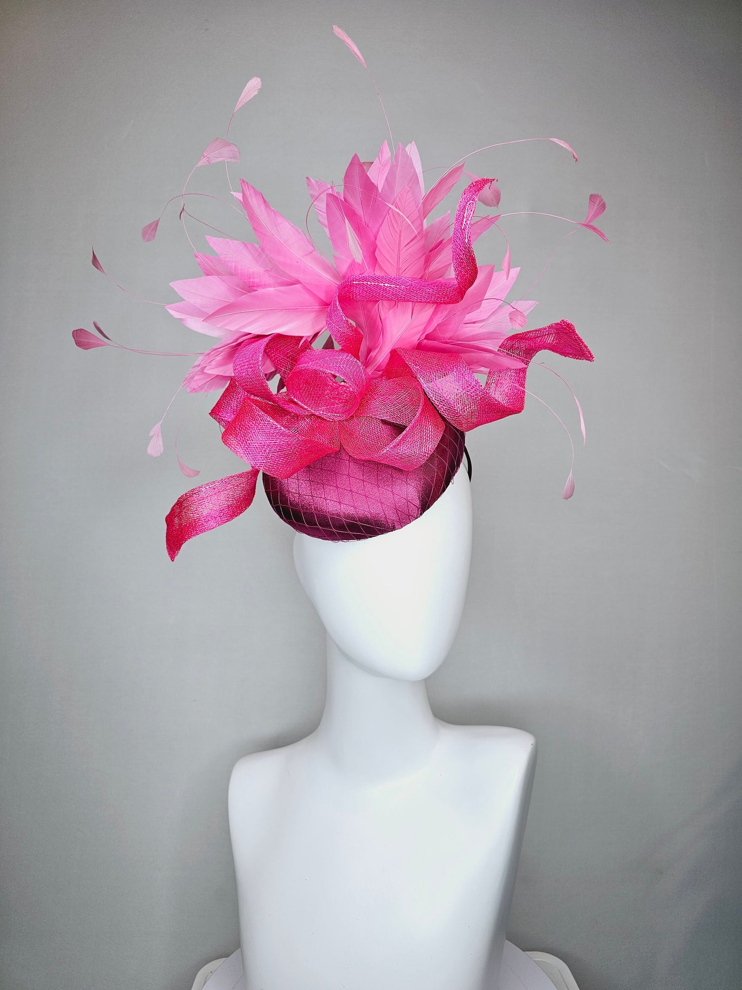 kentucky derby hat fascinator purple magenta satin with large hot pink sinamay curls with pink feathers