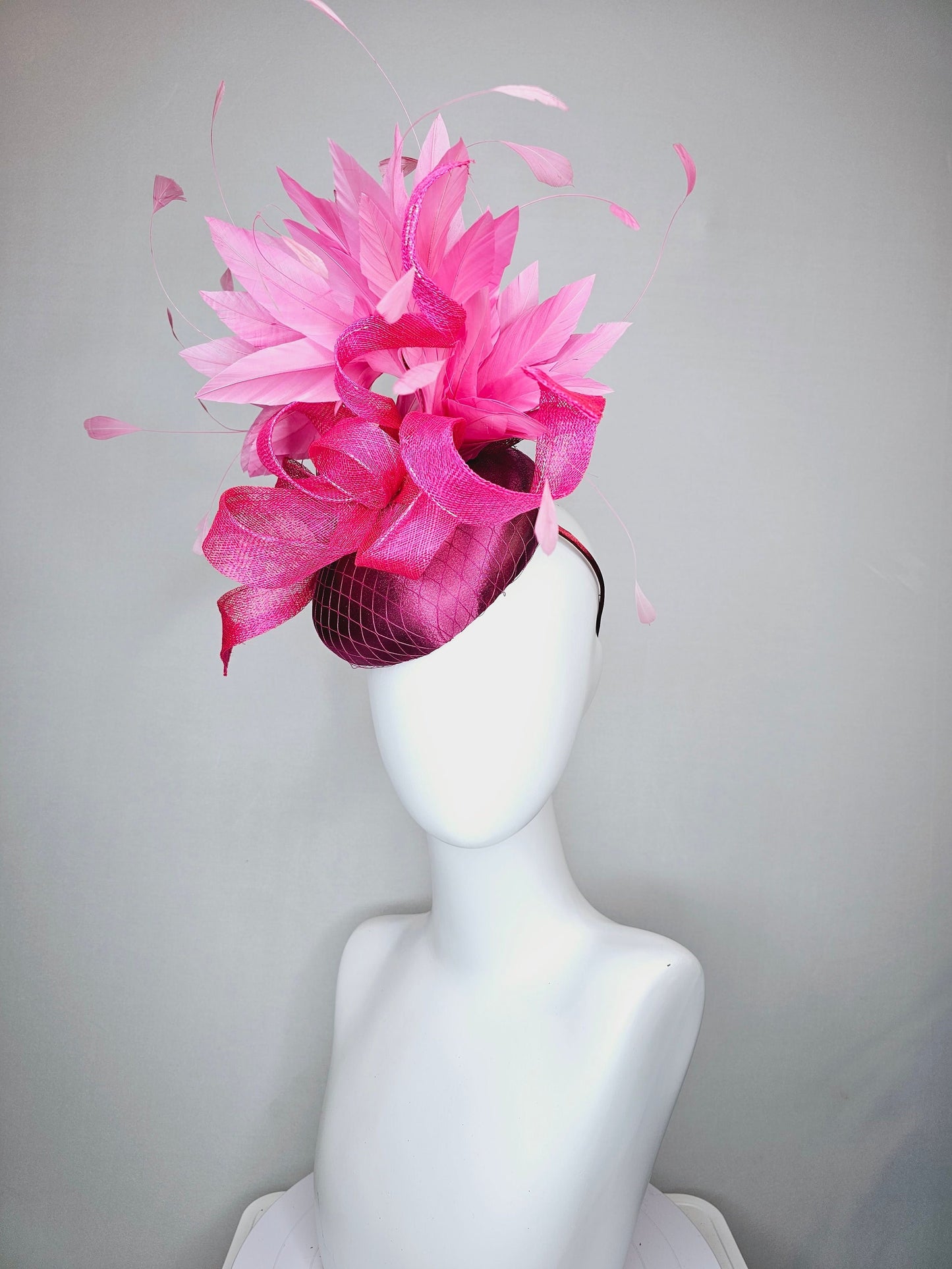 kentucky derby hat fascinator purple magenta satin with large hot pink sinamay curls with pink feathers