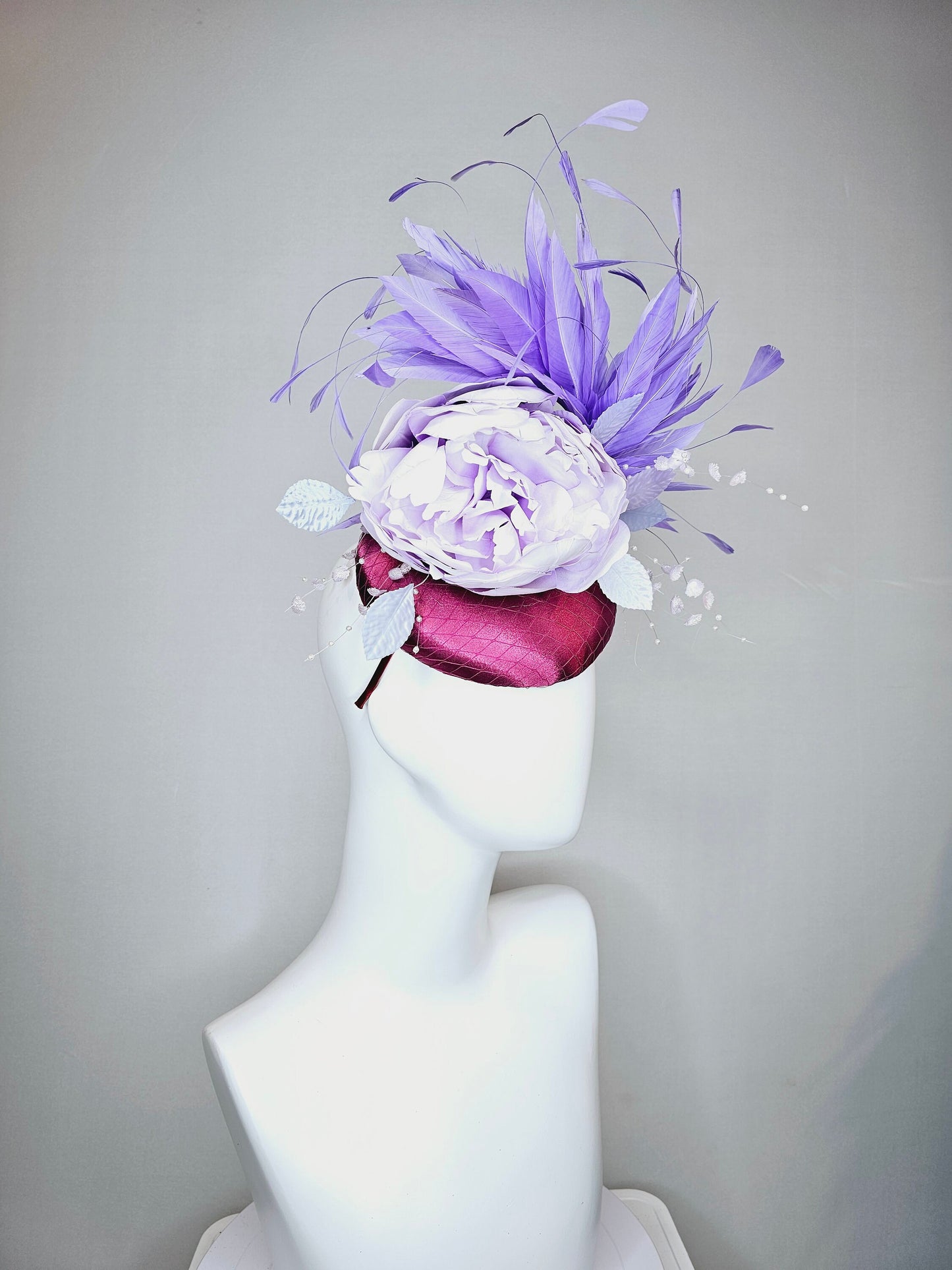 kentucky derby hat fascinator purple magenta satin with lavender flower with purple feathers beaded flower decor