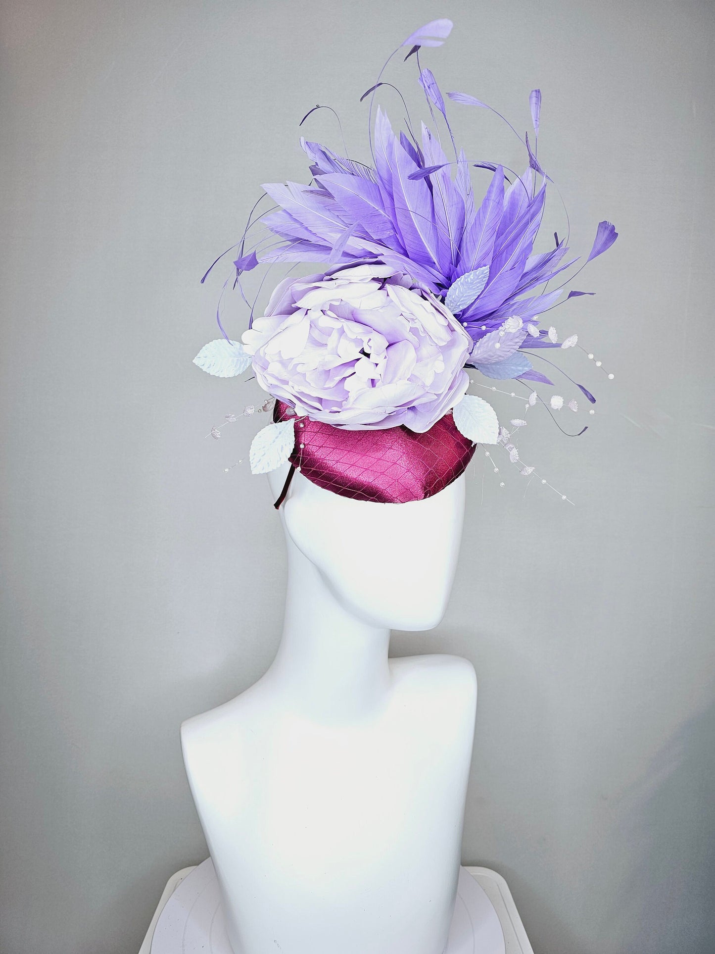 kentucky derby hat fascinator purple magenta satin with lavender flower with purple feathers beaded flower decor