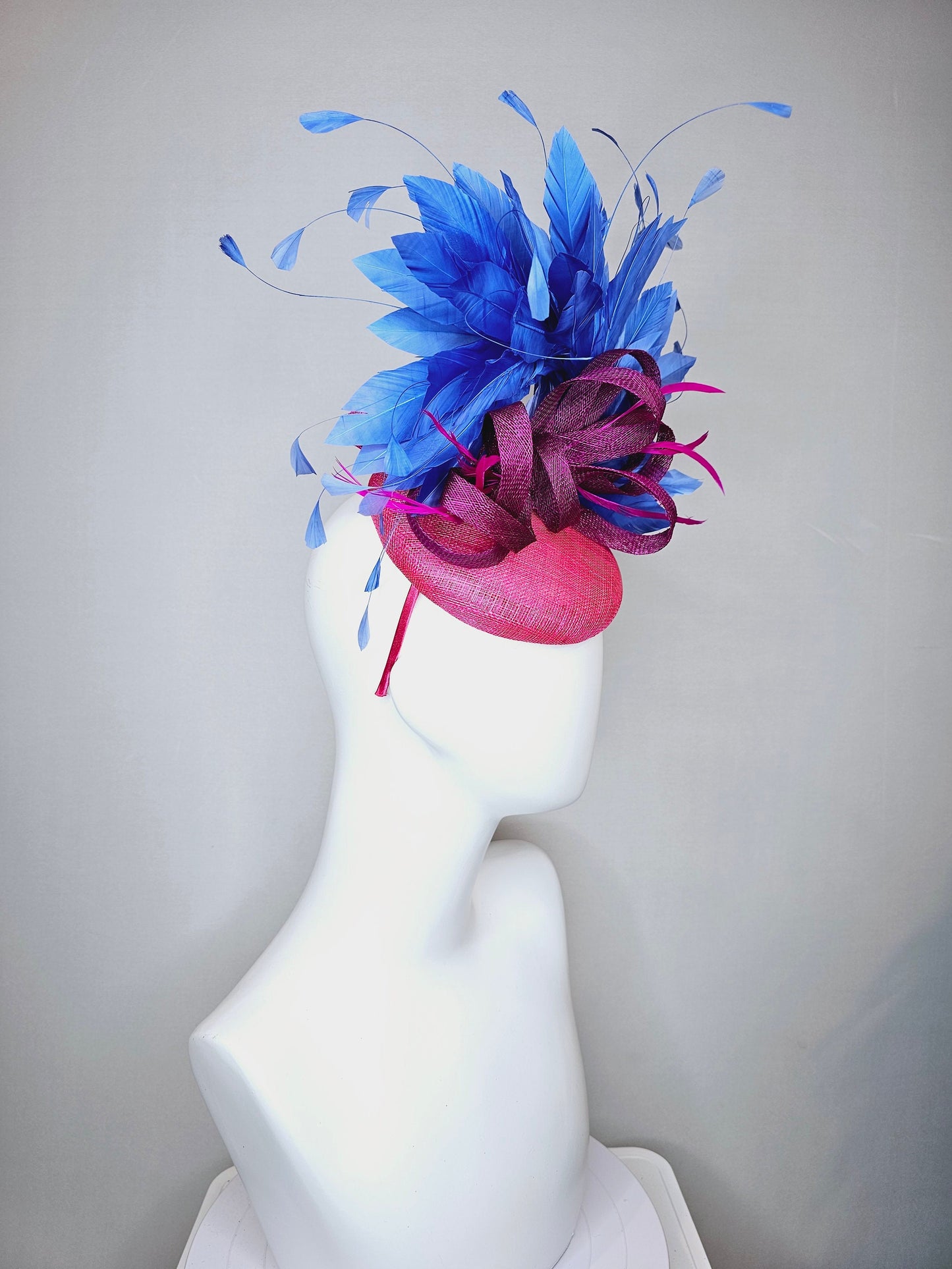 kentucky derby hat fascinator hot pink fuchsia sinamay with periwinkle blue feathers purple sinamay bow flower