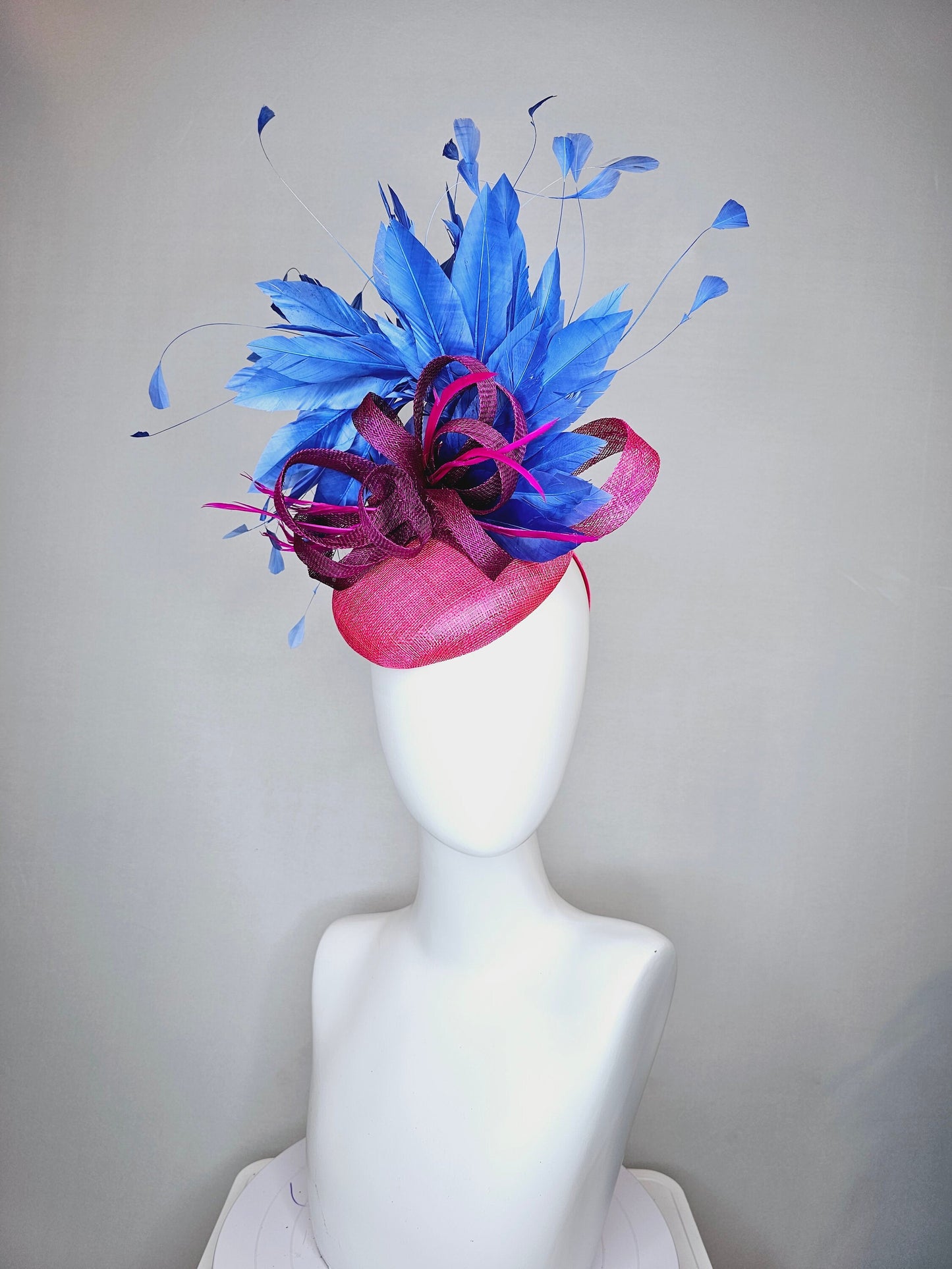 kentucky derby hat fascinator hot pink fuchsia sinamay with periwinkle blue feathers purple sinamay bow flower