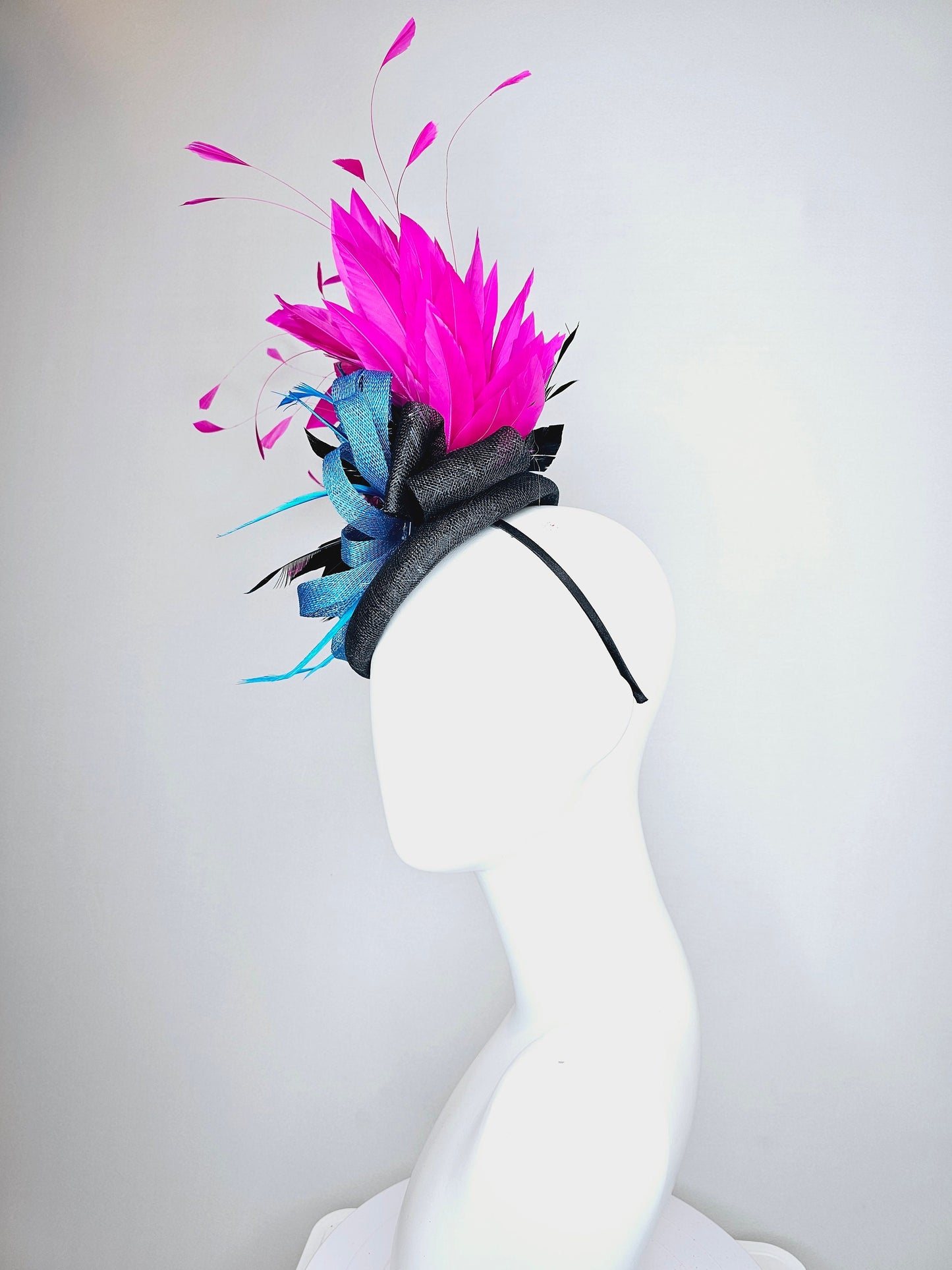 kentucky derby hat fascinator black sinamay with black and hot pink fuchsia branching feathers, blue sinamay bow flower