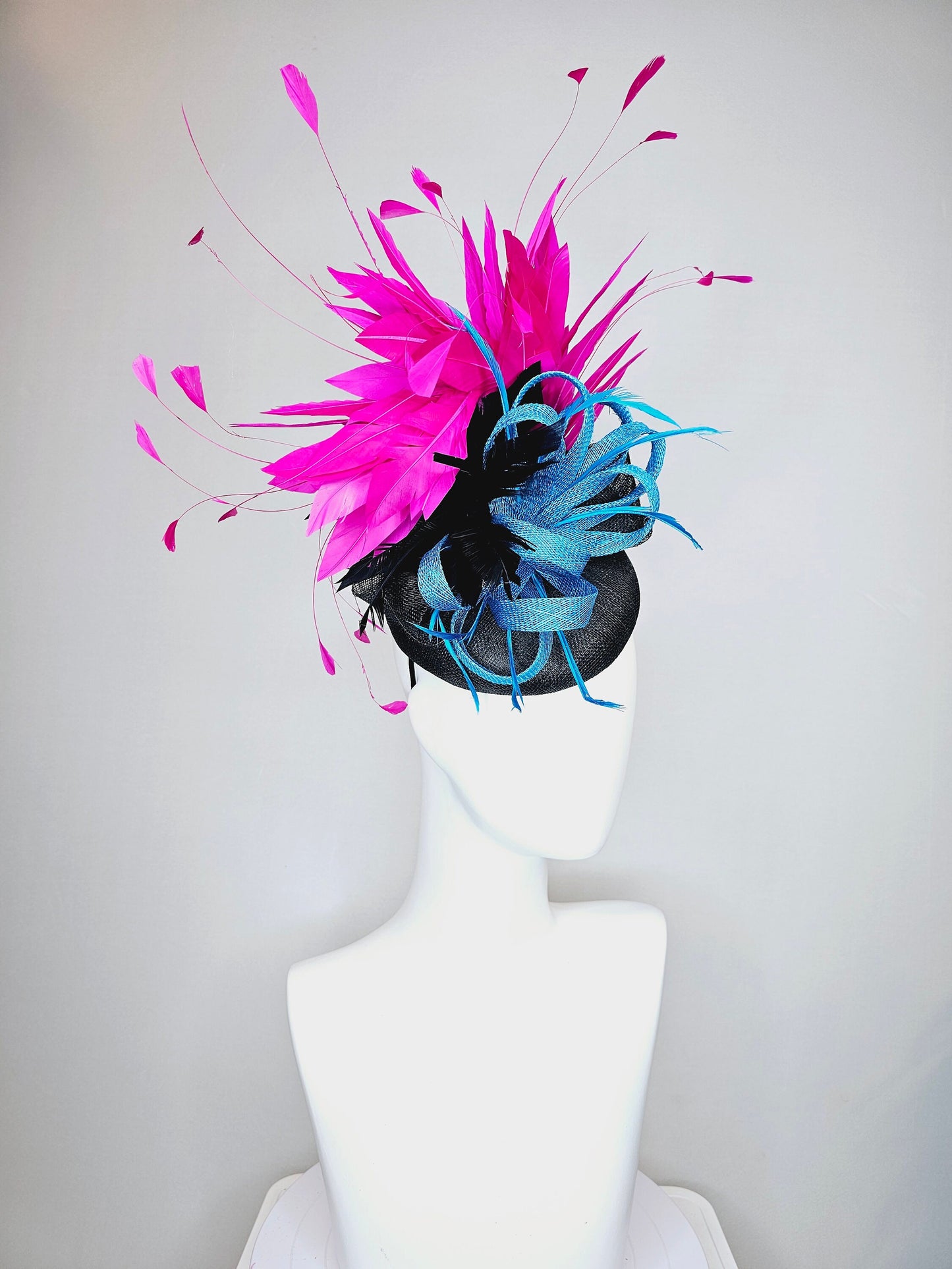 kentucky derby hat fascinator black sinamay with black and hot pink fuchsia branching feathers, blue sinamay bow flower