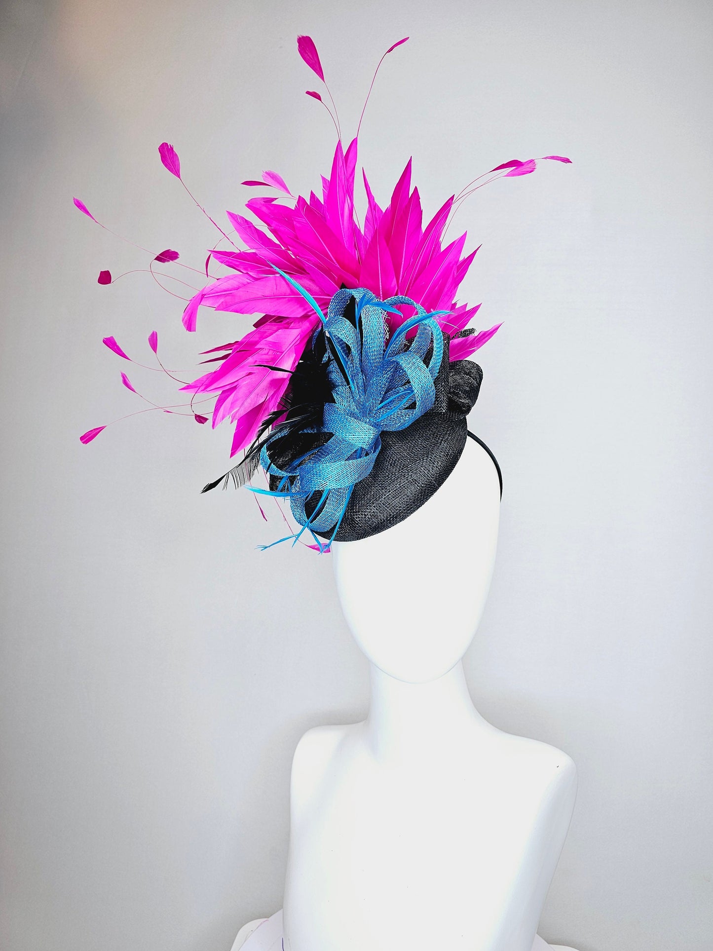 kentucky derby hat fascinator black sinamay with black and hot pink fuchsia branching feathers, blue sinamay bow flower