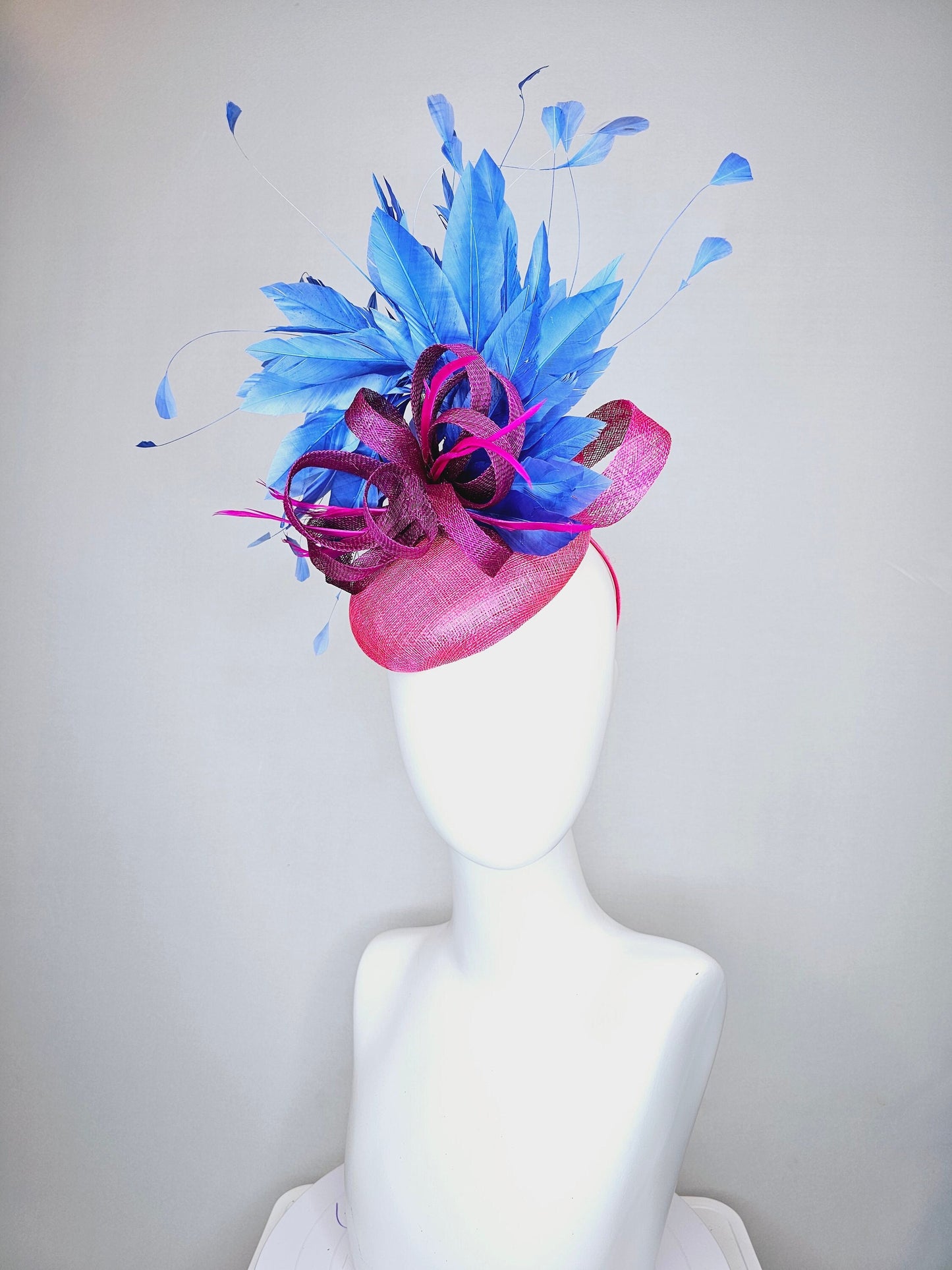 kentucky derby hat fascinator hot pink fuchsia sinamay with periwinkle blue feathers purple sinamay bow flower