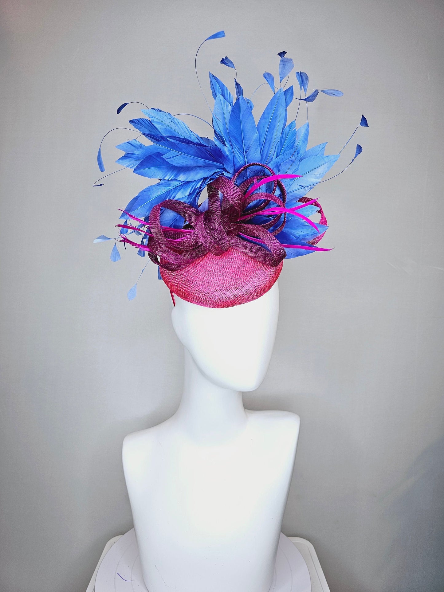 kentucky derby hat fascinator hot pink fuchsia sinamay with periwinkle blue feathers purple sinamay bow flower