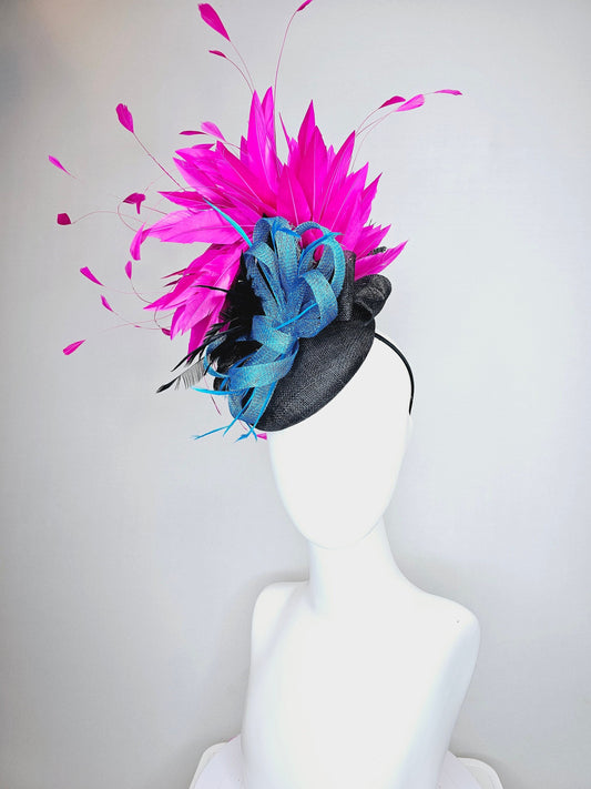 kentucky derby hat fascinator black sinamay with black and hot pink fuchsia branching feathers, blue sinamay bow flower